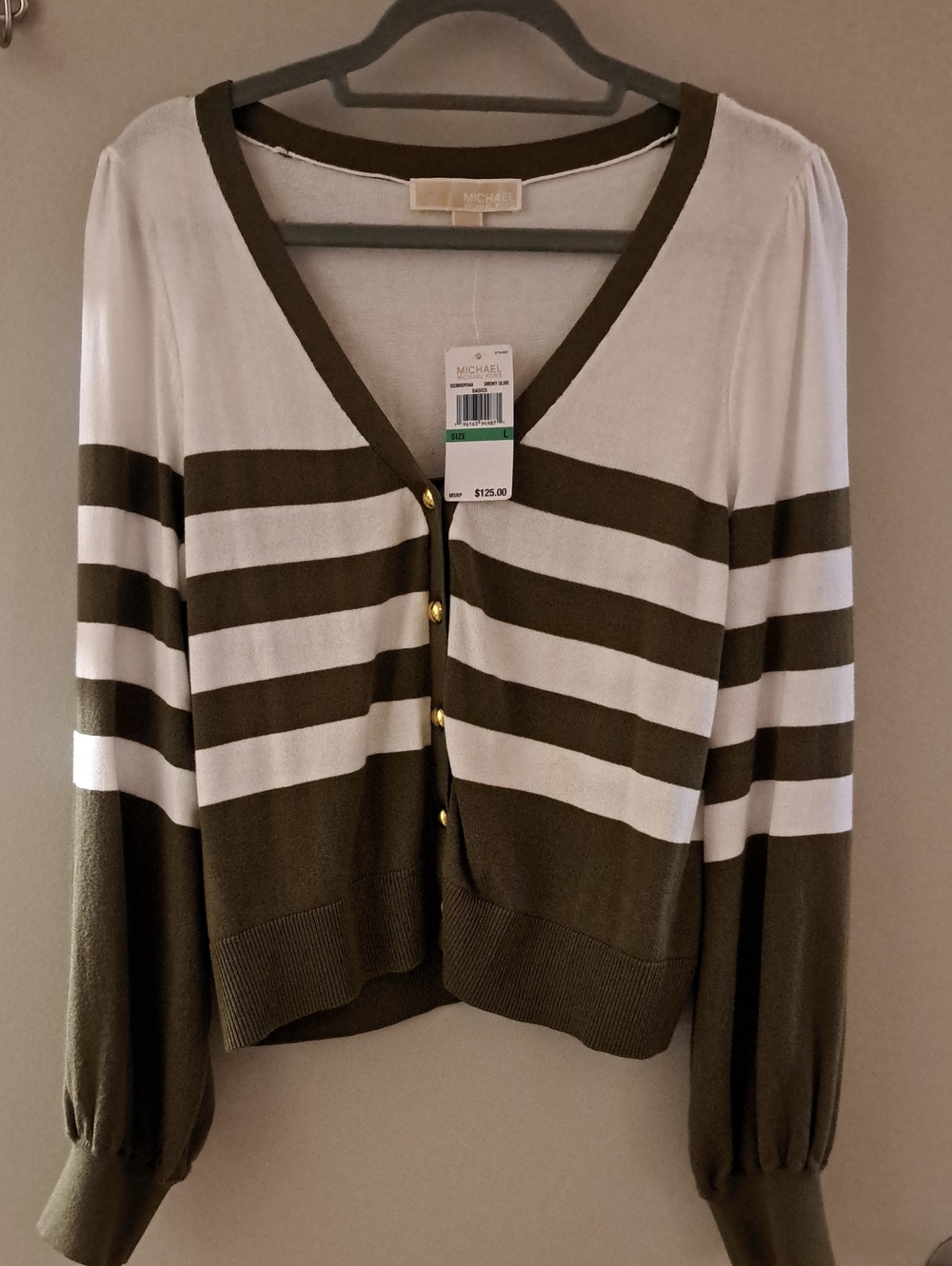 MICHAEL Michael Kors Smoky Olive and White Striped V-Neck Button Cardigan NWT